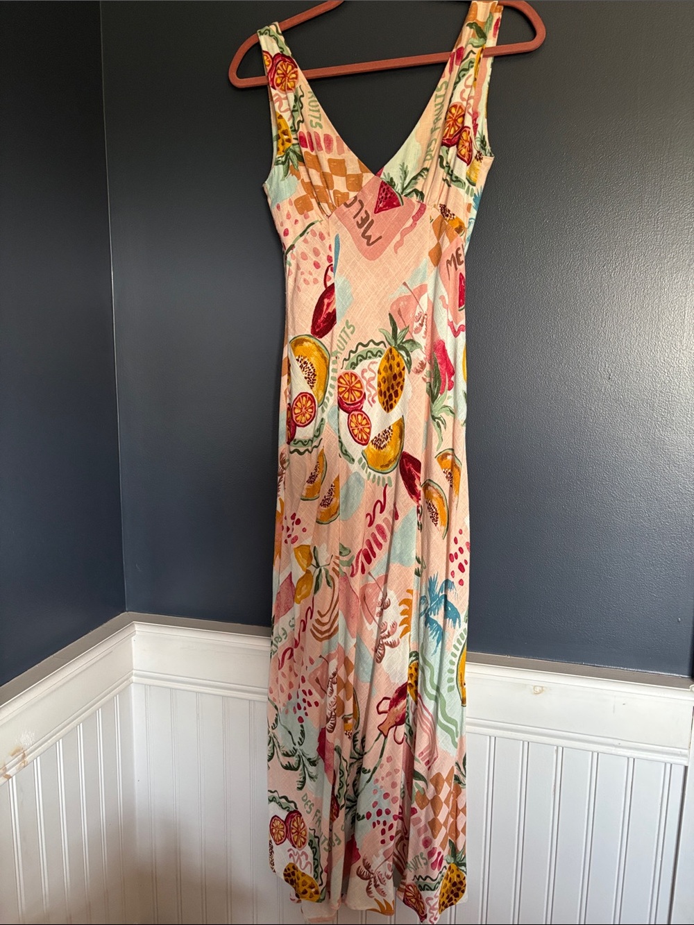 Peach Tropical Fruit Print V-Neck Maxi Dress